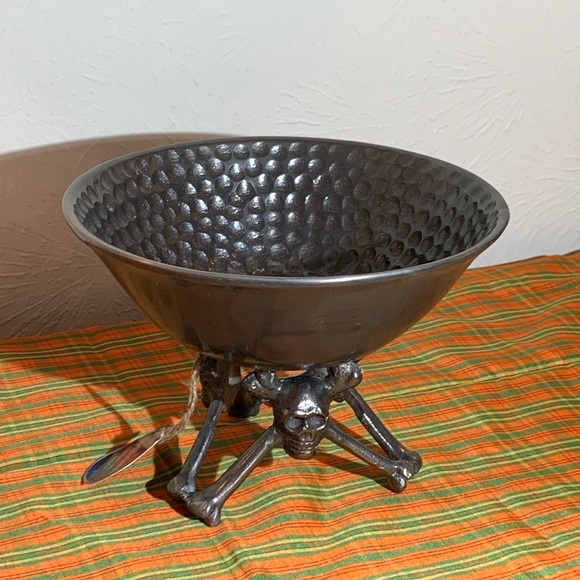 Halloween Spellbound Grey Silver Hammered Metal Bowl with Skull & Bone Base